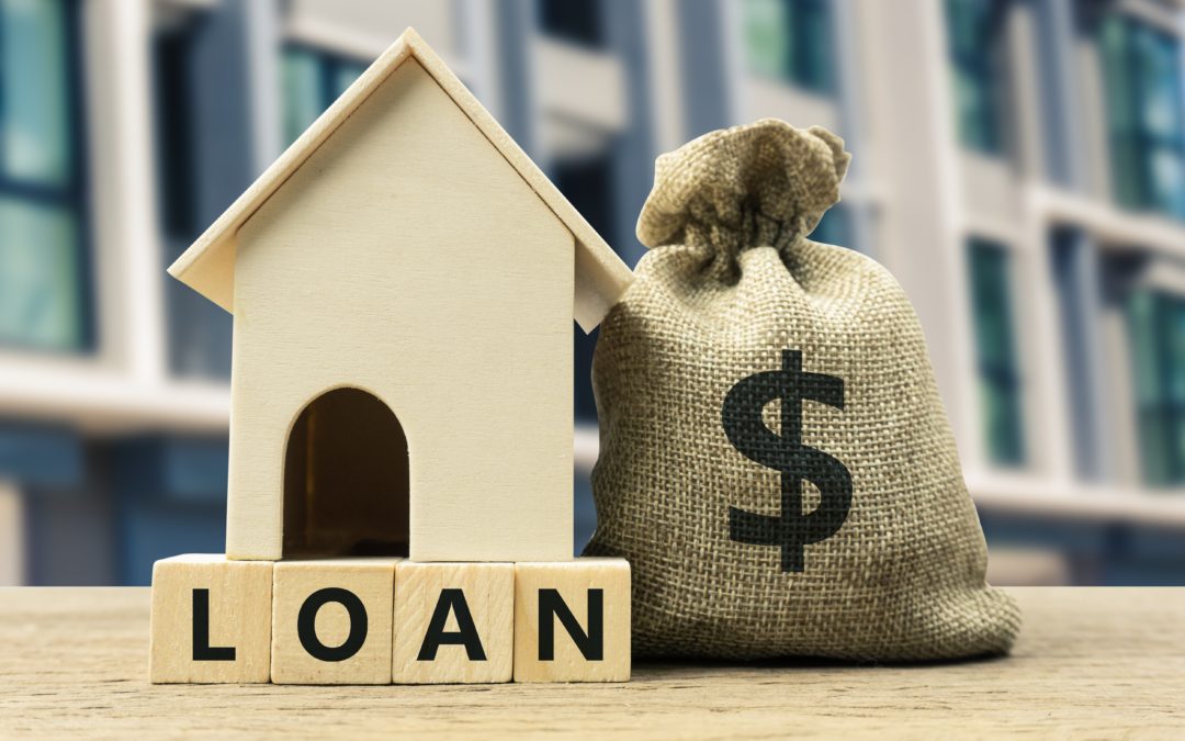 Home loan, mortgage, home insurance, financial mortgage for house concept. A dollar money in bag and residential model on a wooden block. Depicts borrow sum of money or savings for item of a property.